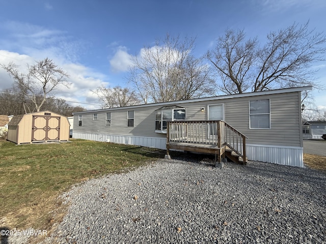 rear view of property featuring a lawn and a shed