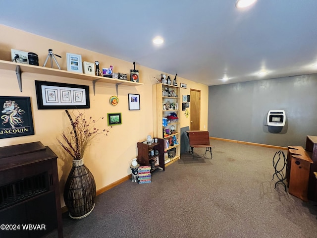 living area with carpet flooring and heating unit