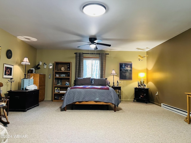 bedroom with ceiling fan, carpet, and a baseboard radiator