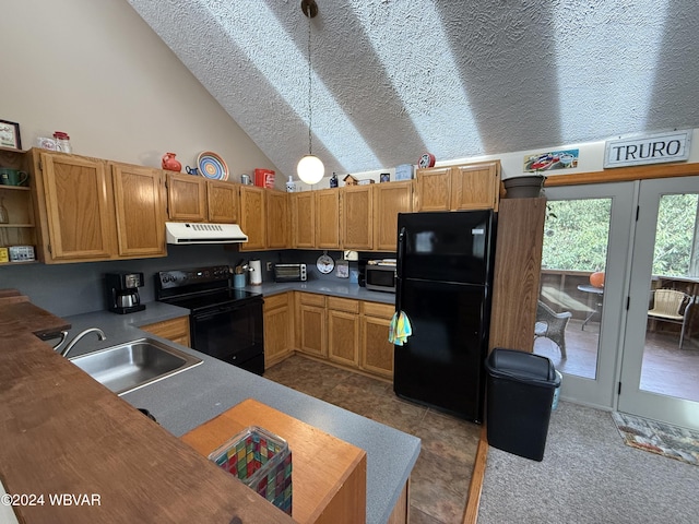 kitchen featuring sink, pendant lighting, lofted ceiling, a textured ceiling, and black appliances