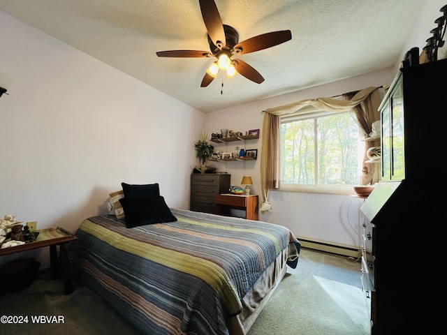 bedroom with a textured ceiling, ceiling fan, light carpet, and a baseboard radiator