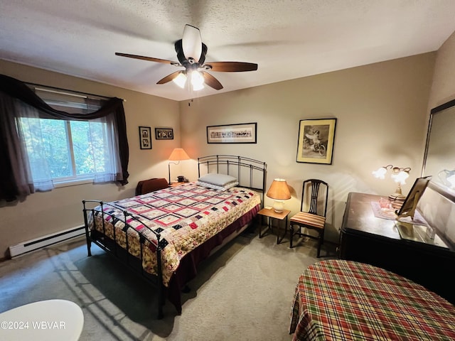 carpeted bedroom with a textured ceiling, a baseboard radiator, and ceiling fan