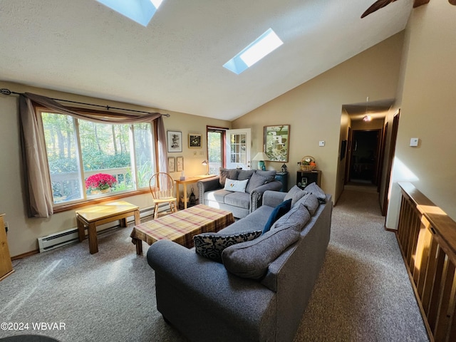 living room with a skylight, carpet floors, high vaulted ceiling, and a baseboard radiator