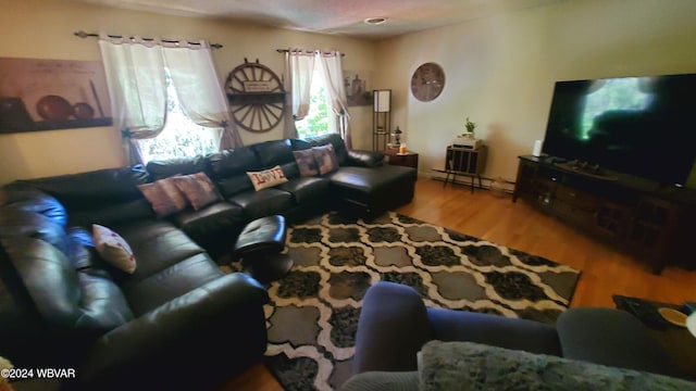 living room with hardwood / wood-style flooring and a baseboard heating unit