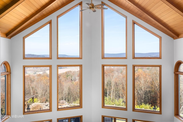 interior details with beamed ceiling, ceiling fan, and wood ceiling