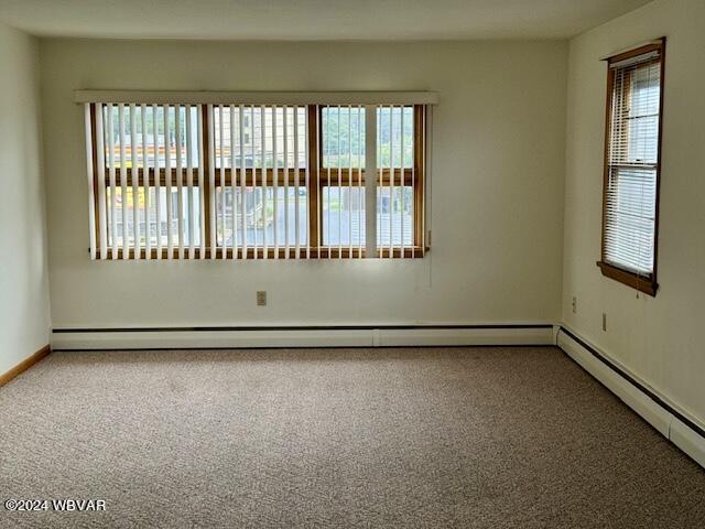 spare room with carpet flooring, a wealth of natural light, and a baseboard radiator