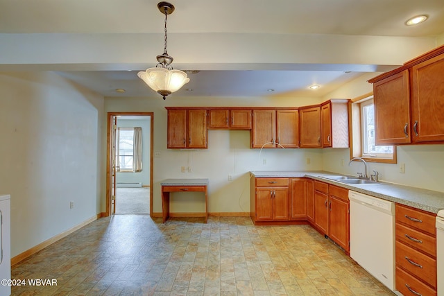 65 Spring St, Lock Haven, PA 17745 - kitchen featuring dishwasher, brown cabinetry, decorative light fixtures, light countertops, and a baseboard radiator