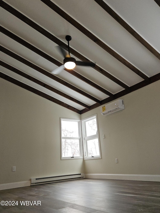 empty room featuring lofted ceiling with beams, wood-type flooring, baseboard heating, and a wall mounted AC