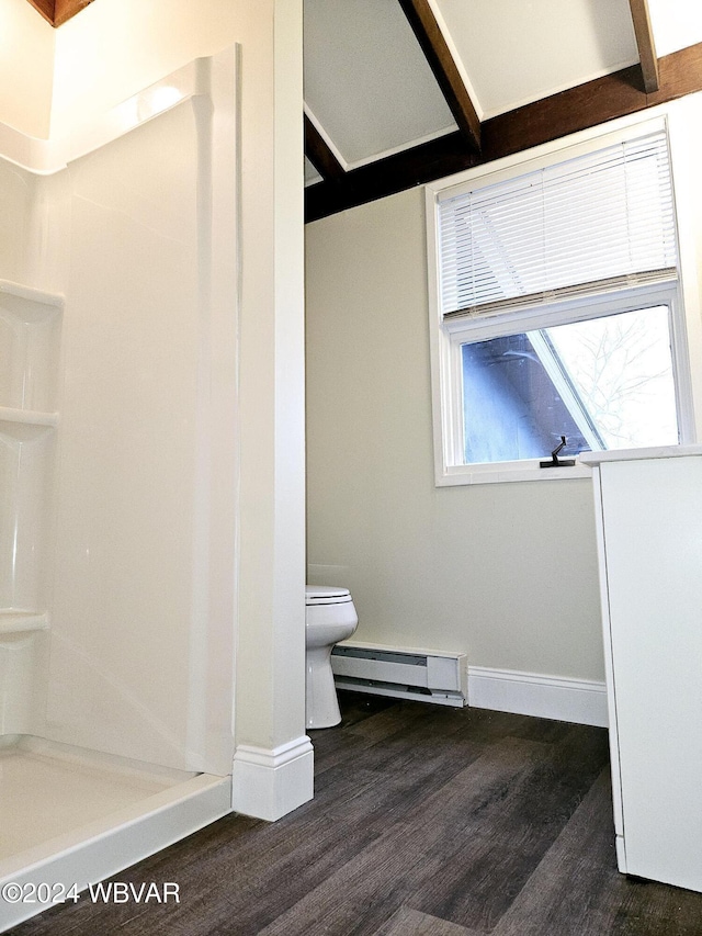 bathroom with toilet, wood-type flooring, baseboard heating, and walk in shower