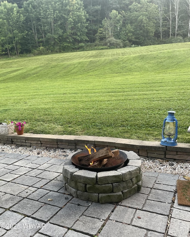 view of yard featuring a patio area and an outdoor fire pit