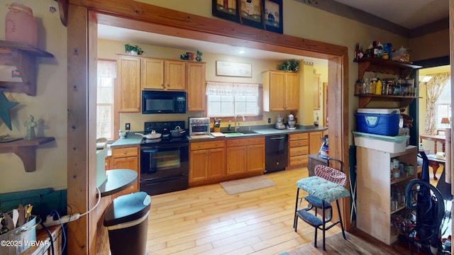 kitchen with a sink, open shelves, light wood-type flooring, and black appliances