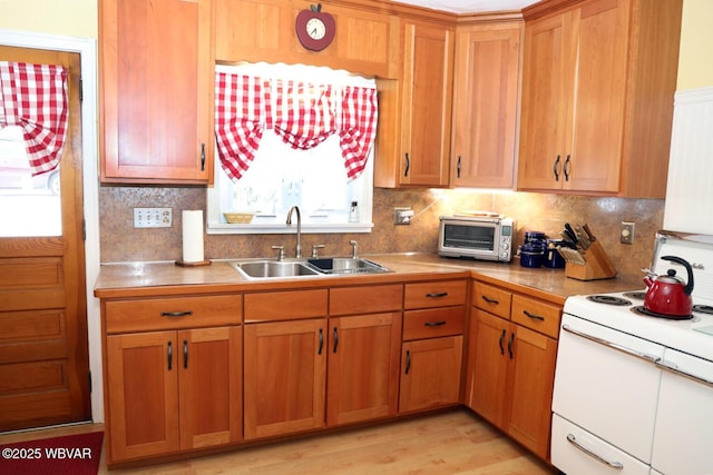 190 E Winter Rd, Loganton, PA 17747 - kitchen featuring a sink, white range with electric stovetop, light countertops, and backsplash