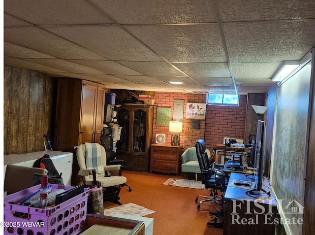 1520 Haagen Ln, Beech Creek, PA 16822 - carpeted office space with a drop ceiling, wooden walls, and brick wall