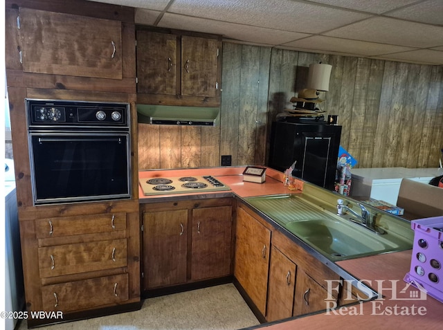 1520 Haagen Ln, Beech Creek, PA 16822 - kitchen with black oven, under cabinet range hood, electric stovetop, wooden walls, and a sink