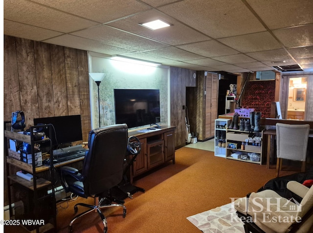 1520 Haagen Ln, Beech Creek, PA 16822 - home office featuring wooden walls, carpet flooring, and a drop ceiling