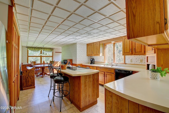 kitchen with sink, plenty of natural light, a breakfast bar area, and black appliances