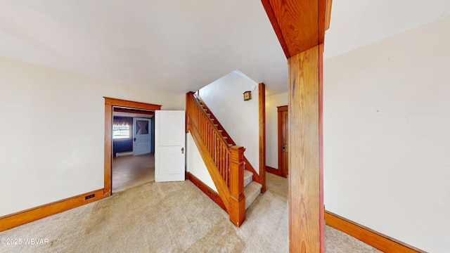 staircase featuring carpet flooring