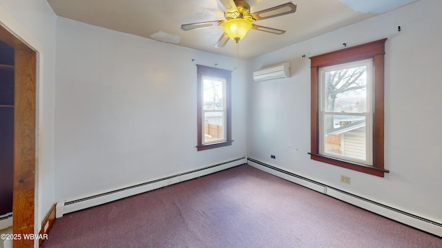 carpeted empty room with baseboard heating, ceiling fan, and a wall mounted air conditioner