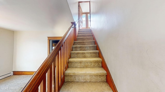 staircase featuring carpet and a baseboard heating unit