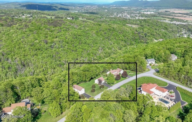 aerial view of property's location featuring a forest, property boundaries highlighted, and mountains