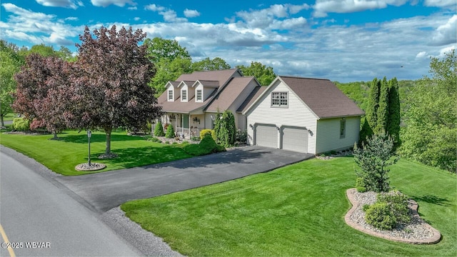 cape cod home with driveway, a front yard, and a garage