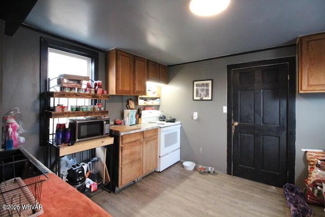 kitchen with light hardwood / wood-style flooring and electric stove