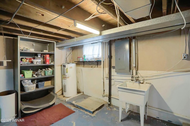 below grade area featuring electric panel, water heater, and a sink