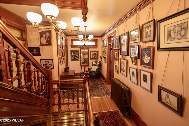 hallway with crown molding, radiator, a notable chandelier, and wood-type flooring