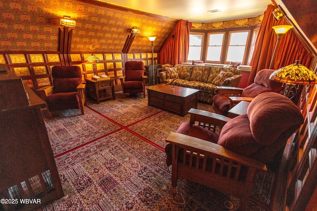 living room featuring lofted ceiling