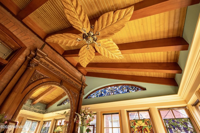 room details featuring ceiling fan, wood ceiling, and beam ceiling