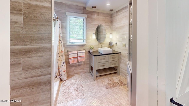 524 Pardee Rd, Millmont, PA 17845 - full bath featuring vanity, tile walls, and curtained shower