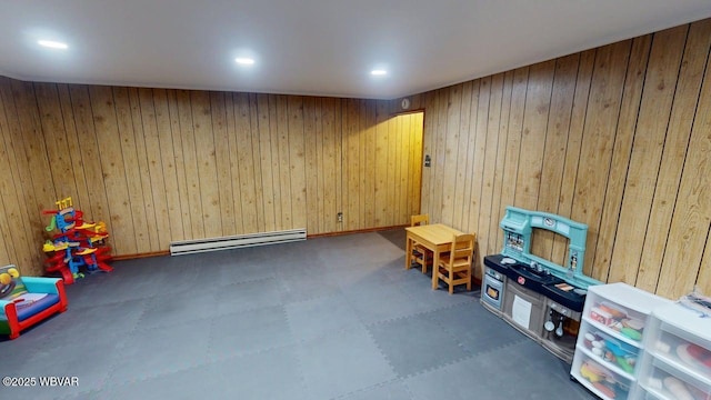 524 Pardee Rd, Millmont, PA 17845 - playroom with baseboard heating, wood walls, tile patterned floors, and recessed lighting