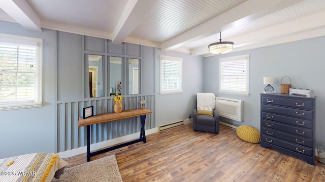 524 Pardee Rd, Millmont, PA 17845 - living area with beamed ceiling, a baseboard heating unit, wood finished floors, and a wall mounted air conditioner