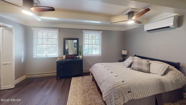 524 Pardee Rd, Millmont, PA 17845 - bedroom with a wall unit AC, a baseboard radiator, multiple windows, and dark wood-style flooring