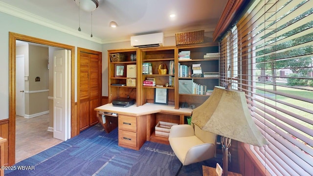 524 Pardee Rd, Millmont, PA 17845 - office with a wall mounted air conditioner, built in desk, crown molding, and a ceiling fan