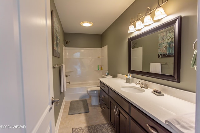 full bathroom with shower / tub combination, vanity, toilet, and tile patterned flooring