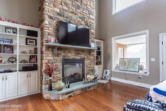 living room with a stone fireplace and hardwood / wood-style floors