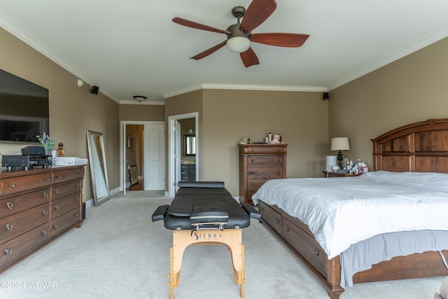 carpeted bedroom with crown molding and ceiling fan