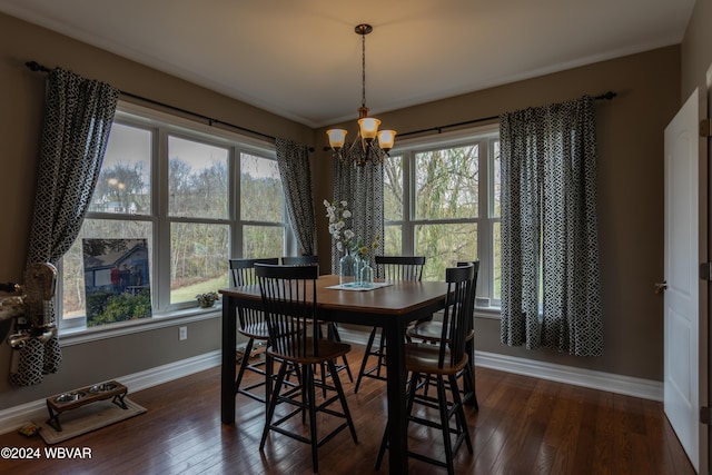 dining area featuring an inviting chandelier, dark wood-type flooring, and plenty of natural light