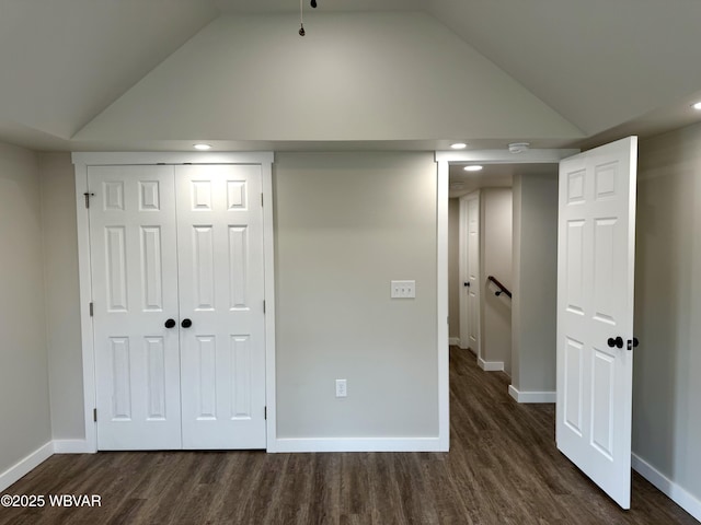 218 High St, Lock Haven, PA 17745 - unfurnished bedroom featuring dark wood-style floors, a closet, recessed lighting, and high vaulted ceiling