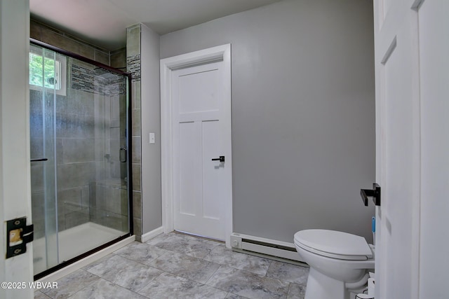 260 Selkirk Rd, Williamsport, PA 17701 - bathroom featuring a baseboard heating unit, a stall shower, toilet, and baseboards