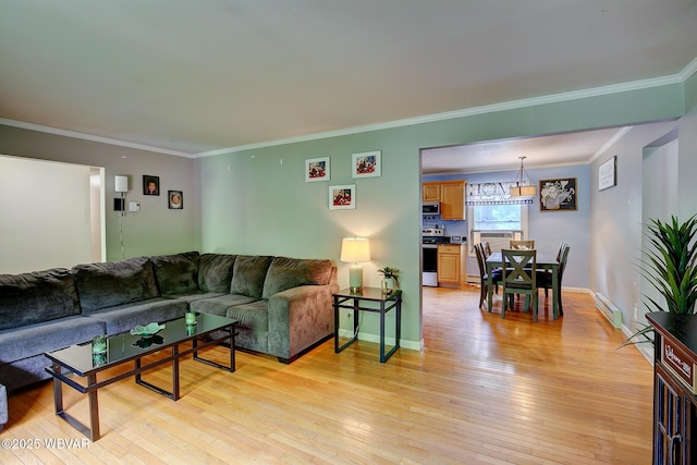 260 Selkirk Rd, Williamsport, PA 17701 - living area featuring a baseboard radiator, light wood finished floors, ornamental molding, and baseboards