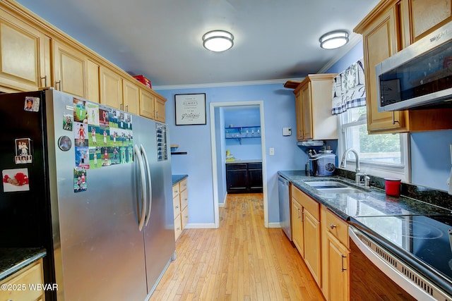 260 Selkirk Rd, Williamsport, PA 17701 - kitchen featuring stainless steel appliances, a sink, ornamental molding, light wood finished floors, and baseboards