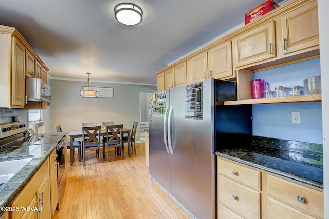 260 Selkirk Rd, Williamsport, PA 17701 - kitchen with stainless steel appliances, light brown cabinets, ornamental molding, light wood finished floors, and dark stone countertops