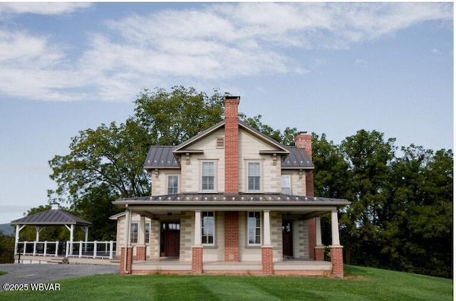796 Ellis Artley Rd, Muncy, PA 17756 - view of front of home featuring a standing seam roof, covered porch, a gazebo, a chimney, and a front lawn
