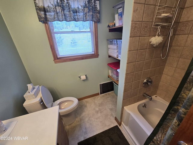 full bathroom with shower / bath combo, toilet, and vanity