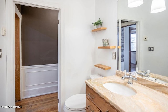bathroom with wood finished floors, toilet, and vanity