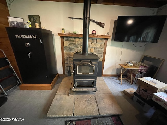 living area with a wood stove