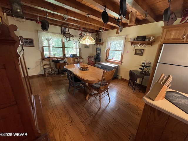 dining area with dark wood finished floors, healthy amount of natural light, beamed ceiling, baseboards, and wooden ceiling