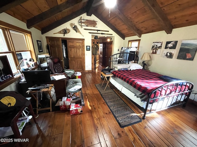 bedroom with hardwood / wood-style floors, wood ceiling, and a desk